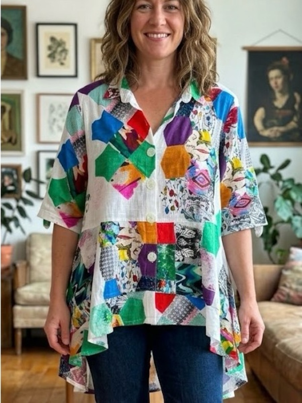 Parsley & Sage XL Patchwork Art-to-Wear Tunic Boho Lagenlook Shirt Cotton